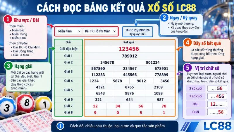 Cách đọc bảng kết quả Xổ Số LC88 theo đài hạng giải và dãy số