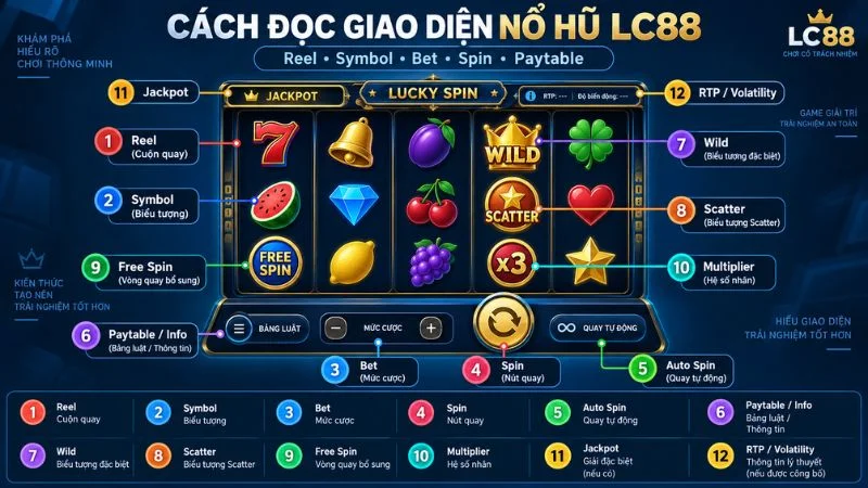 Cách đọc giao diện Nổ Hũ LC88 với Reel Symbol Bet Spin Paytable Wild và Scatter